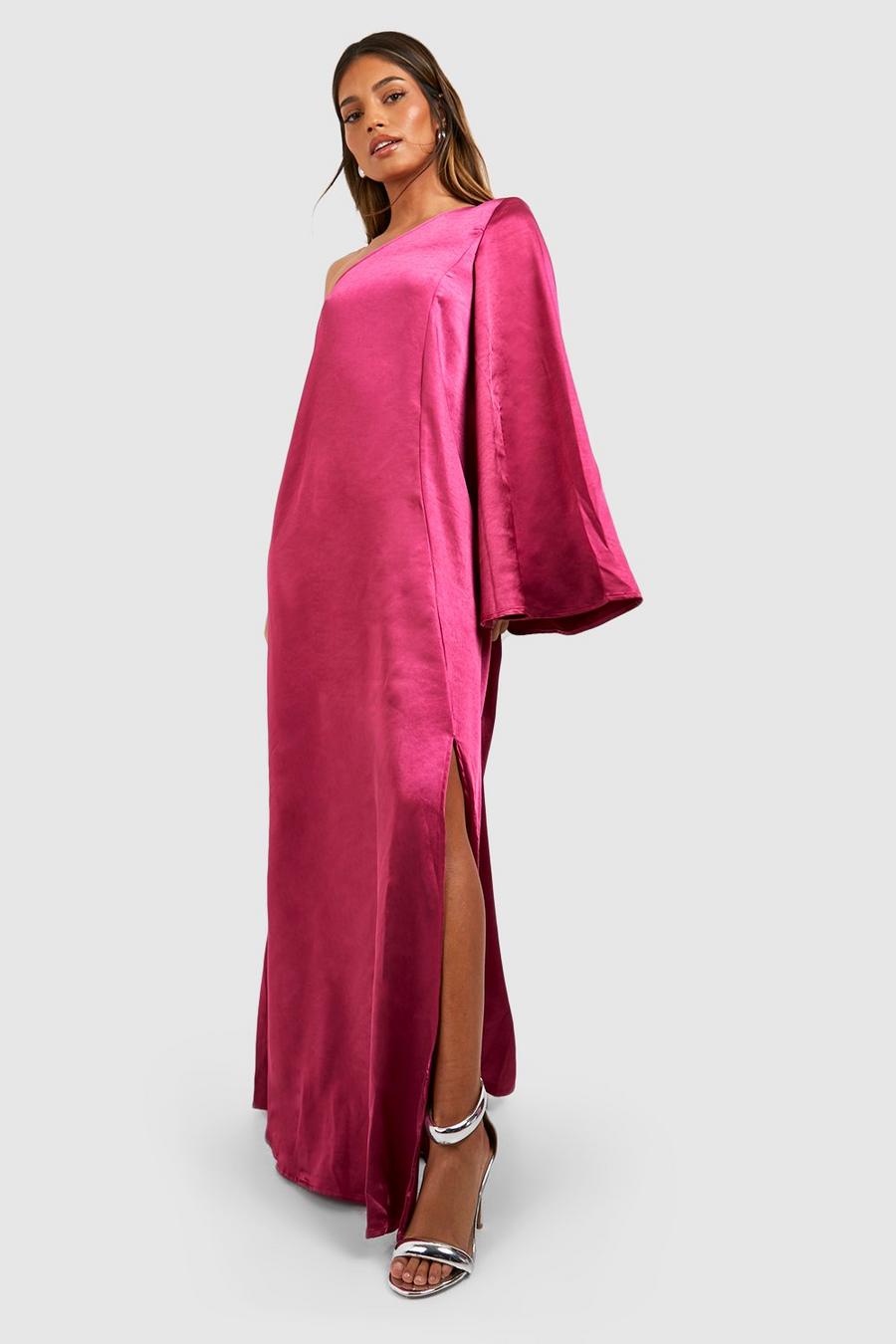 Pink Långklänning i satin med utsvängd ärm image number 1
