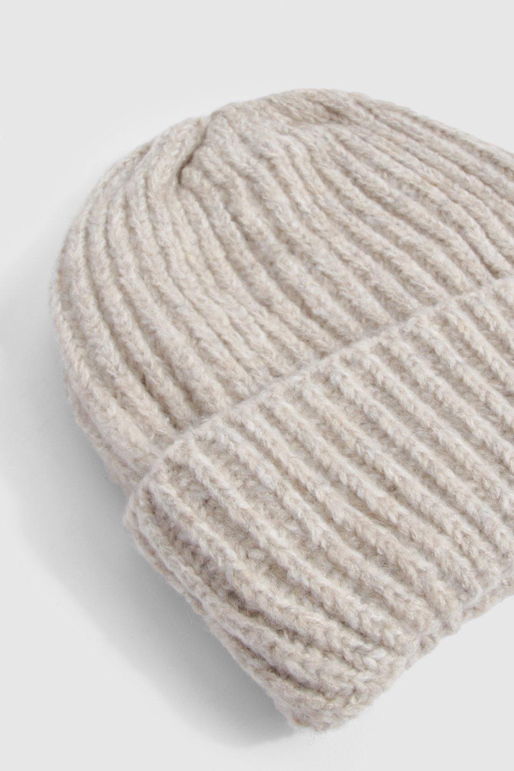Cream white pure cashmere beanie hat cable and rib knit