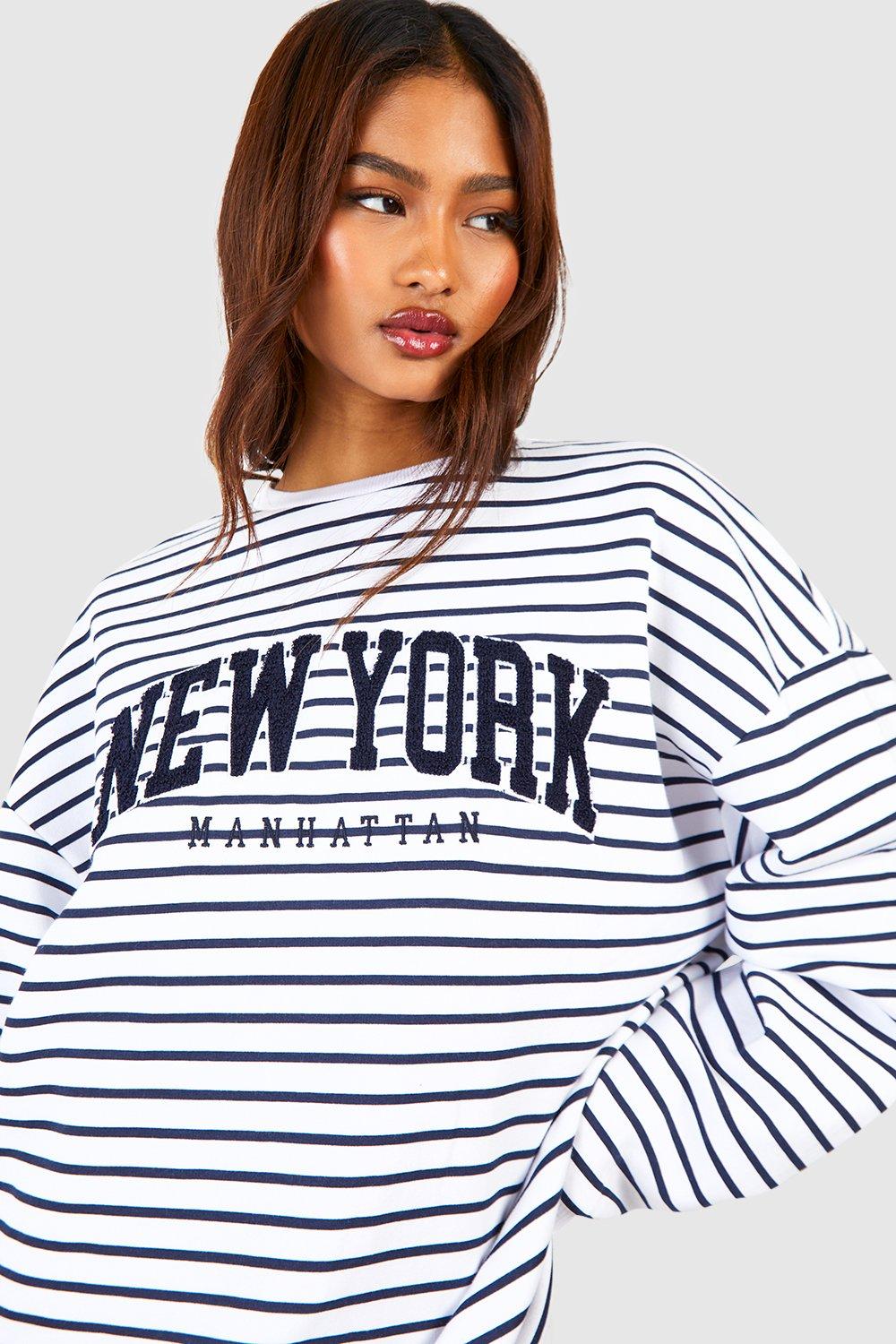 Women s Tall Striped New York Applique Sweatshirt Boohoo UK