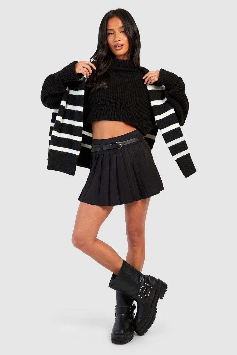 Black Petite Belt Detail Pleated Woven Mini Skirt  image number 1