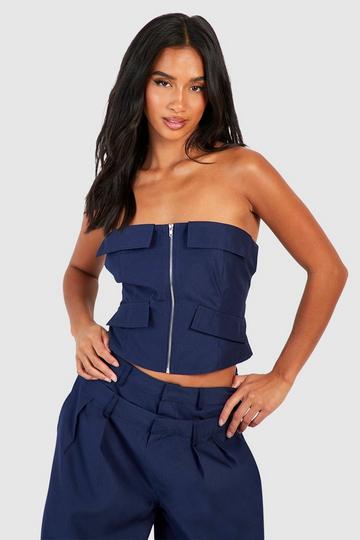 Navy Petite Pocket Detail Zip Through Corset Top