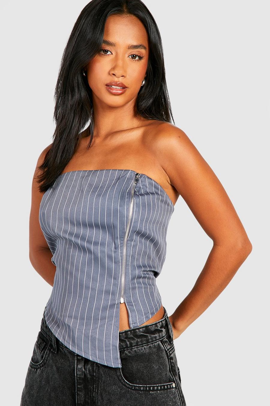 Petite Pinstripe Asymmetric Zip Corset Top