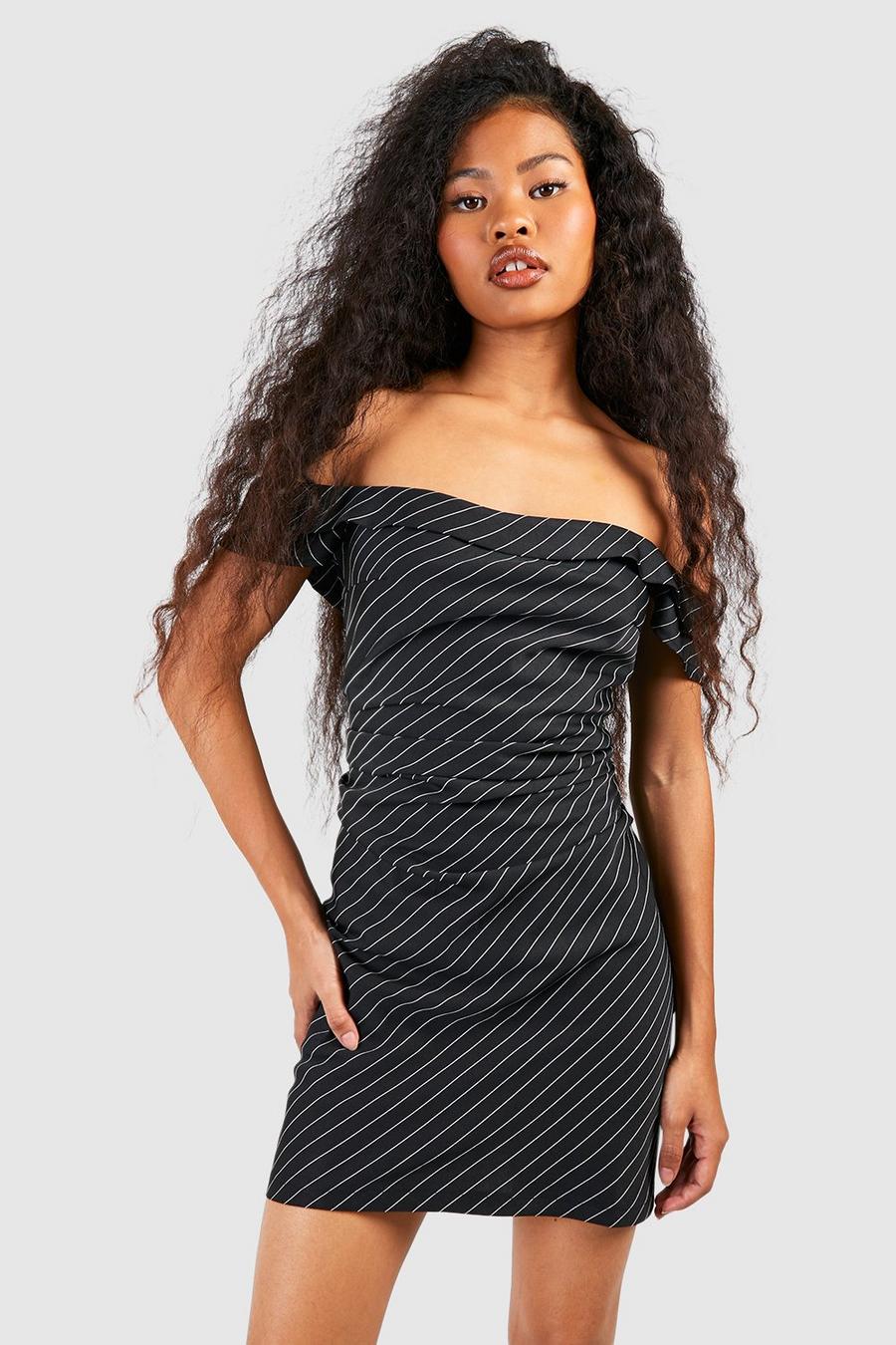 Black Petite Pinstripe Off The Shoulder Mini Dress image number 1