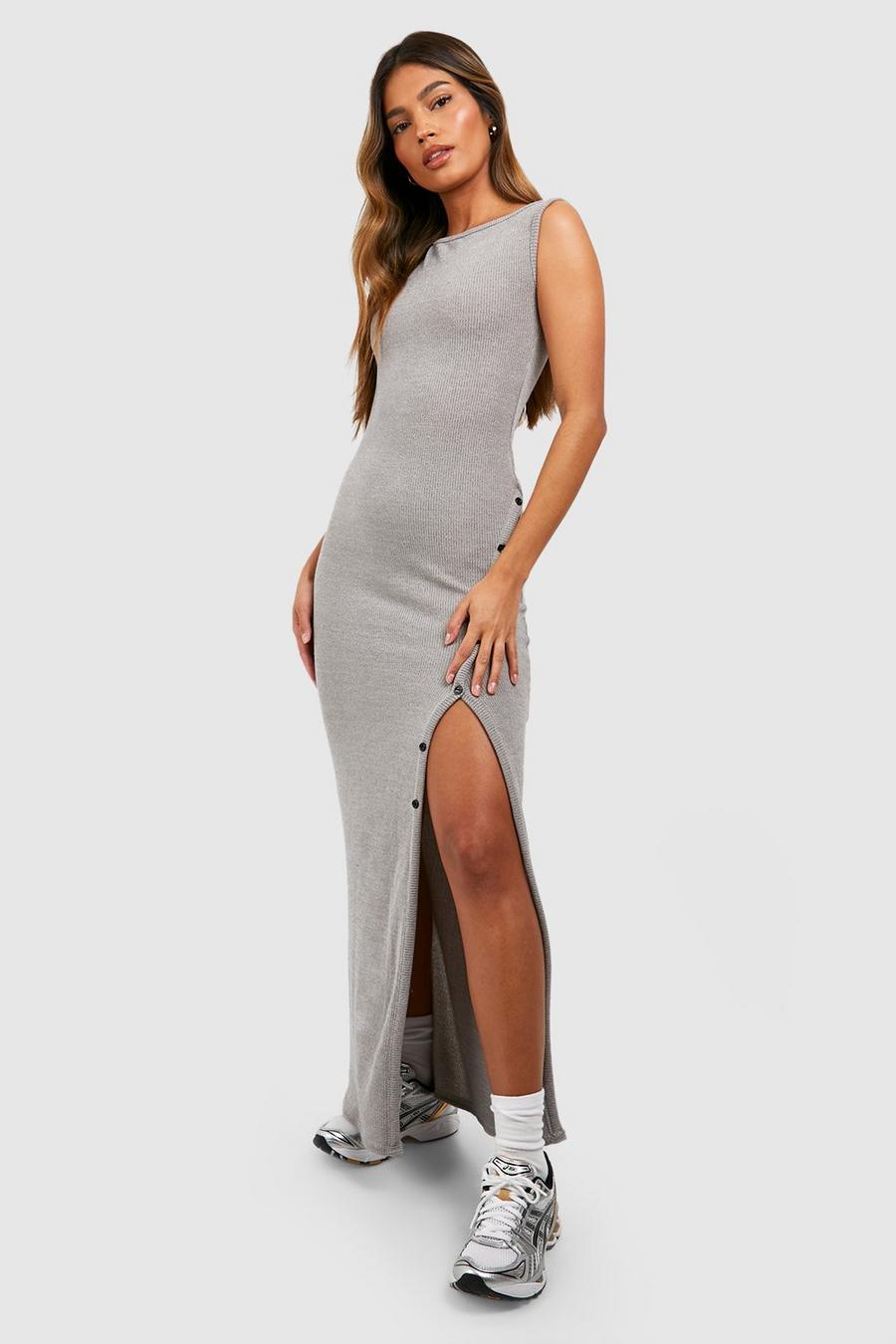 Grey Soft Rib Asymetric Maxi Dress image number 1