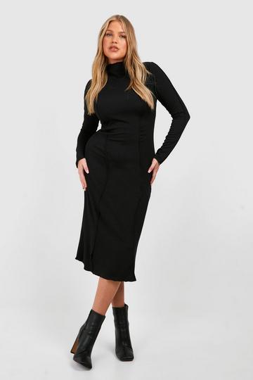 Black Plus High Neck Seam Detail Midi Dress