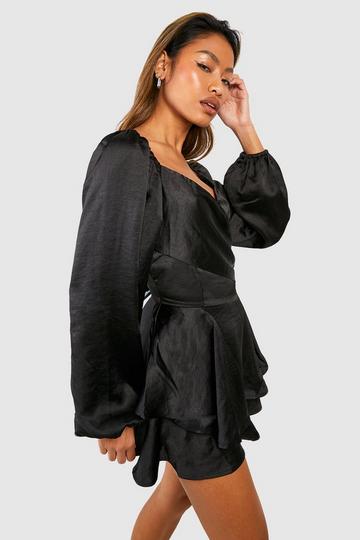 Satin Ruffle Wrap Romper black