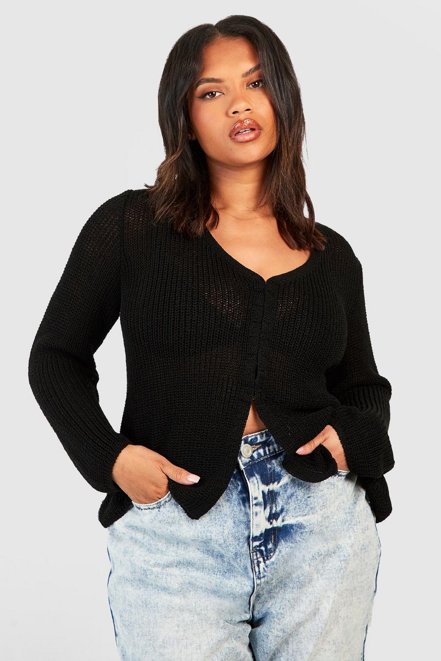 Black Plus Long Sleeve Hook And Eye Knitted Top image number 1