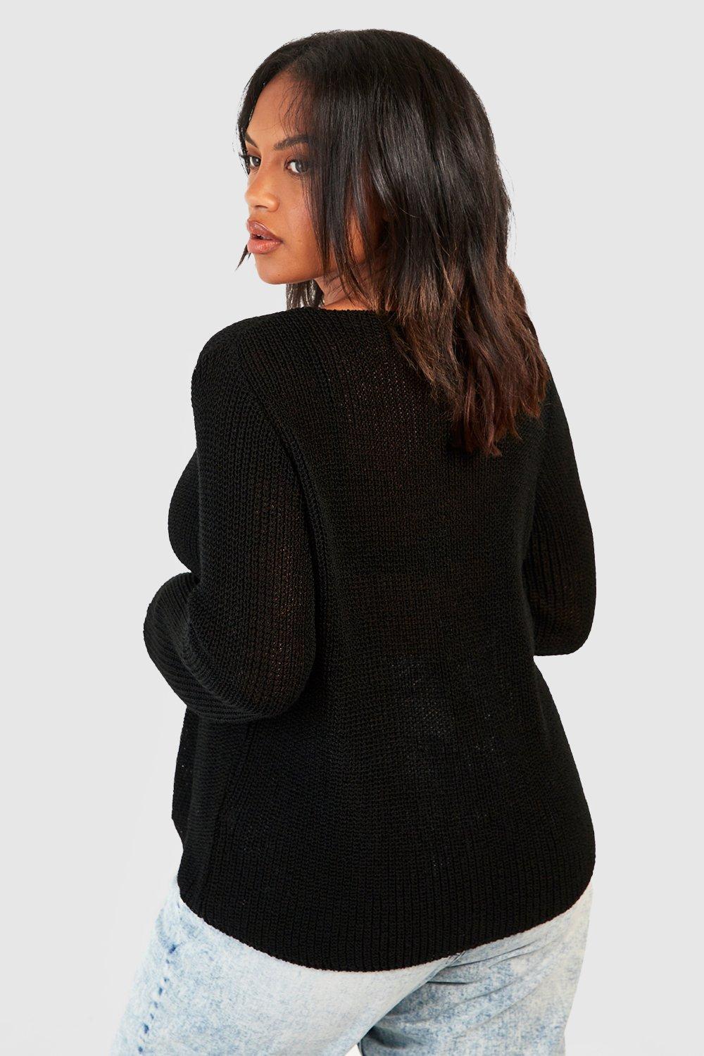 Plus Long Sleeve Hook And Eye Knitted Top