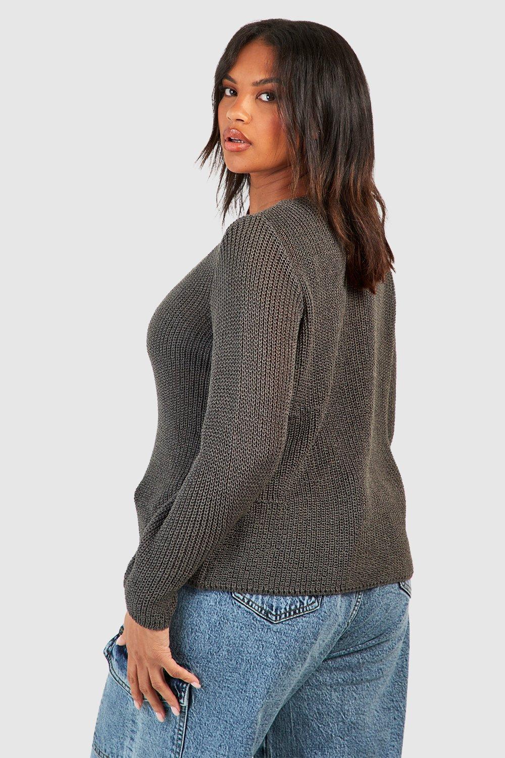 boohoo Plus Long Sleeve Hook and Eye Knitted Top - Grey - Size 14