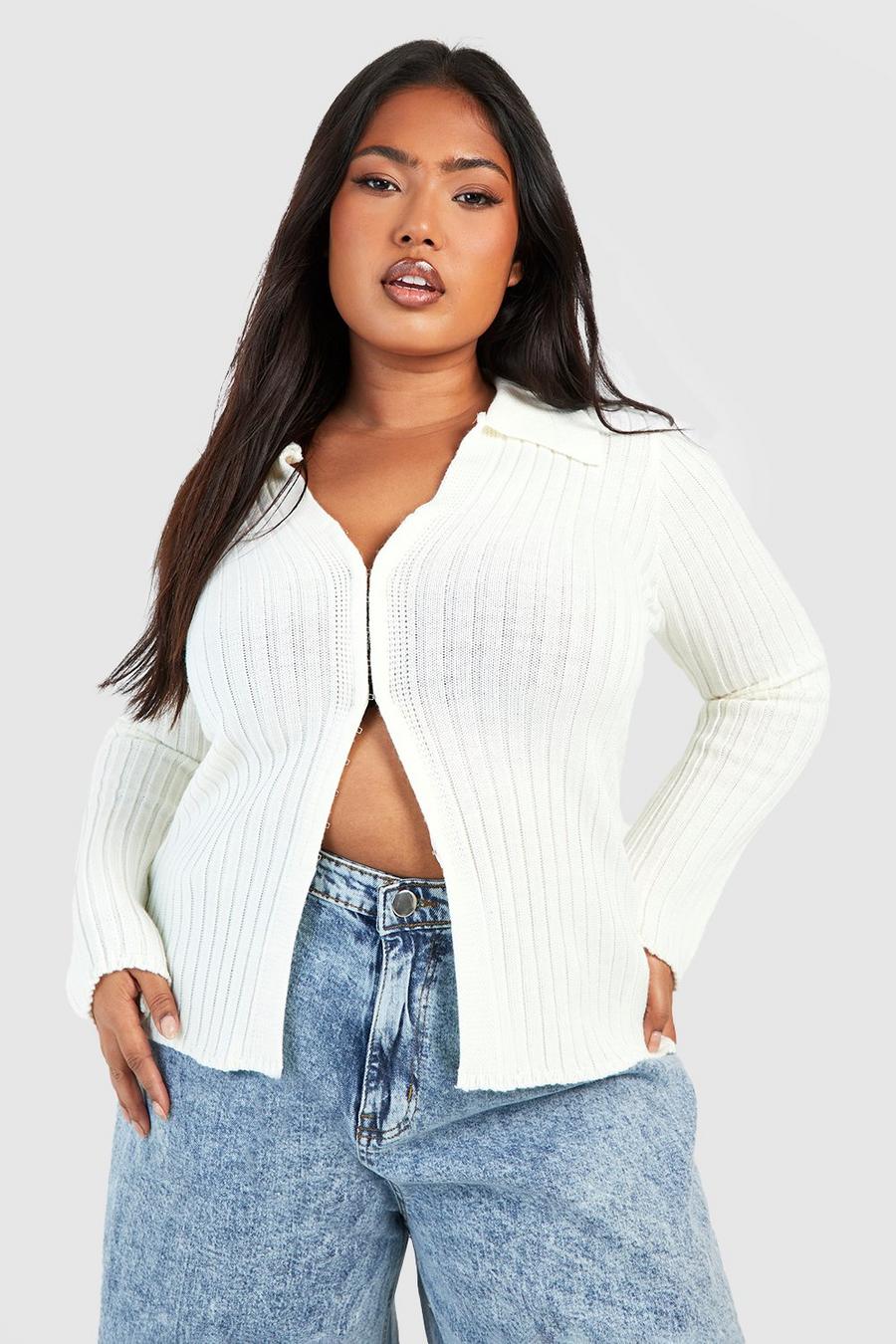 Ecru Plus Long Sleeve Hook And Eye Knitted Collared Top image number 1