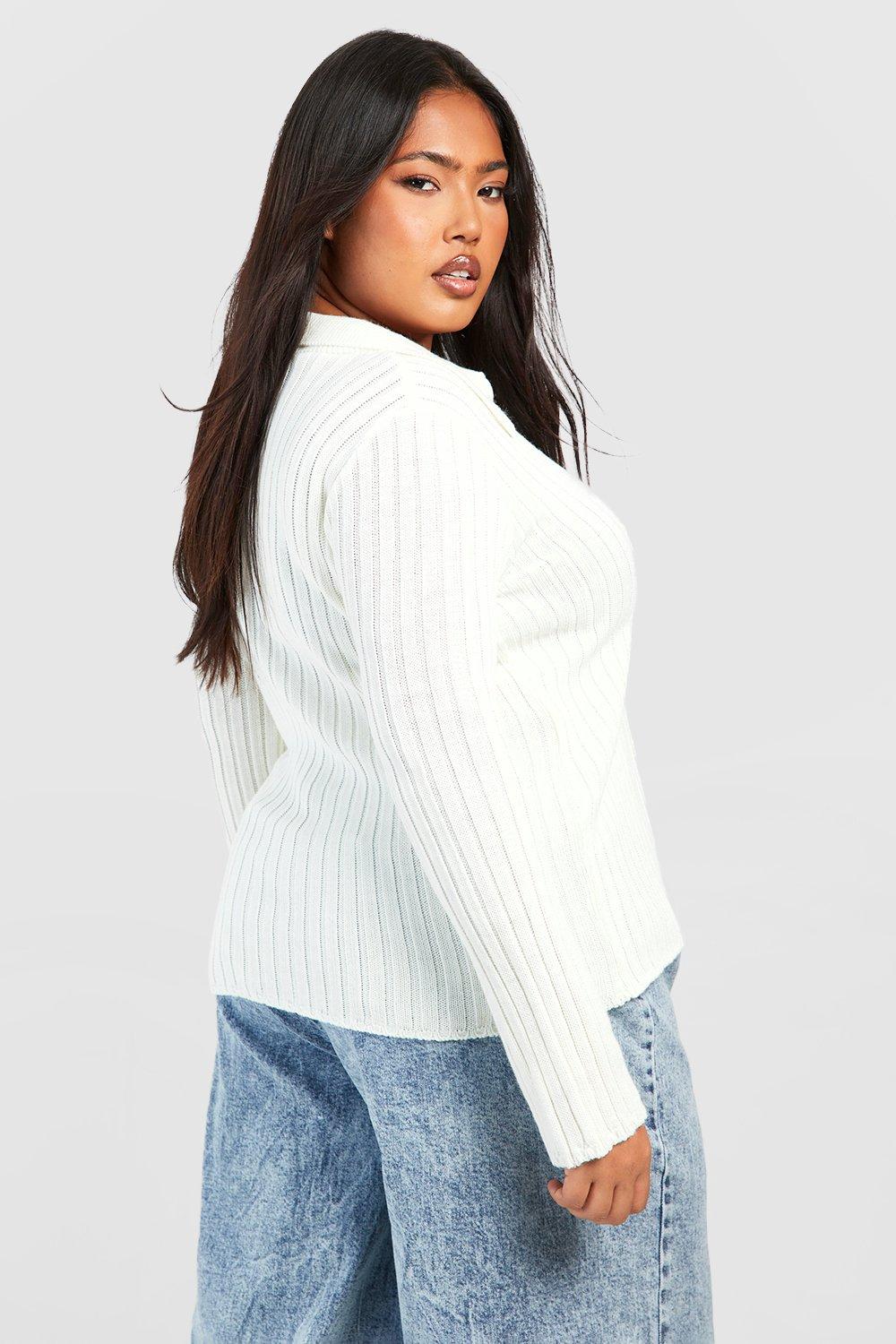 Plus Long Sleeve Hook And Eye Knitted Collared Top