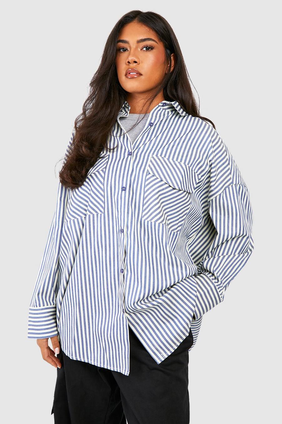 Camicia Plus Size oversize a righe stile Utility, Navy image number 1