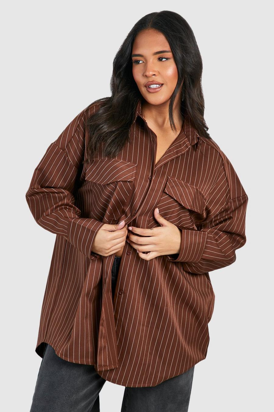 Grande taille - Chemise oversize utilitaire à rayures fines, Chocolate image number 1
