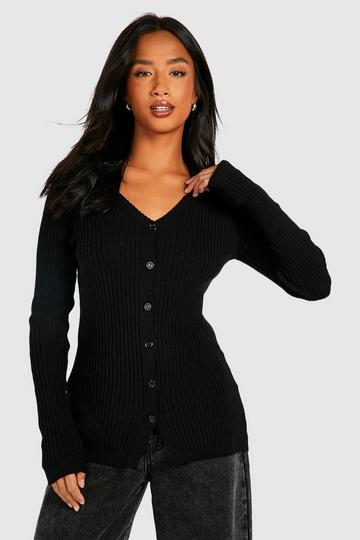 Petite V Neck Knitted Rib Long Sleeve Top black