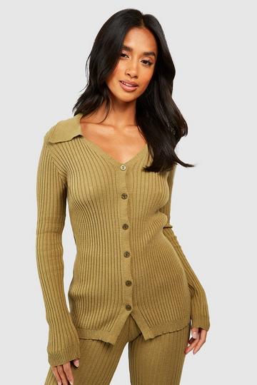Petite V Neck Knitted Rib Long Sleeve Top olive