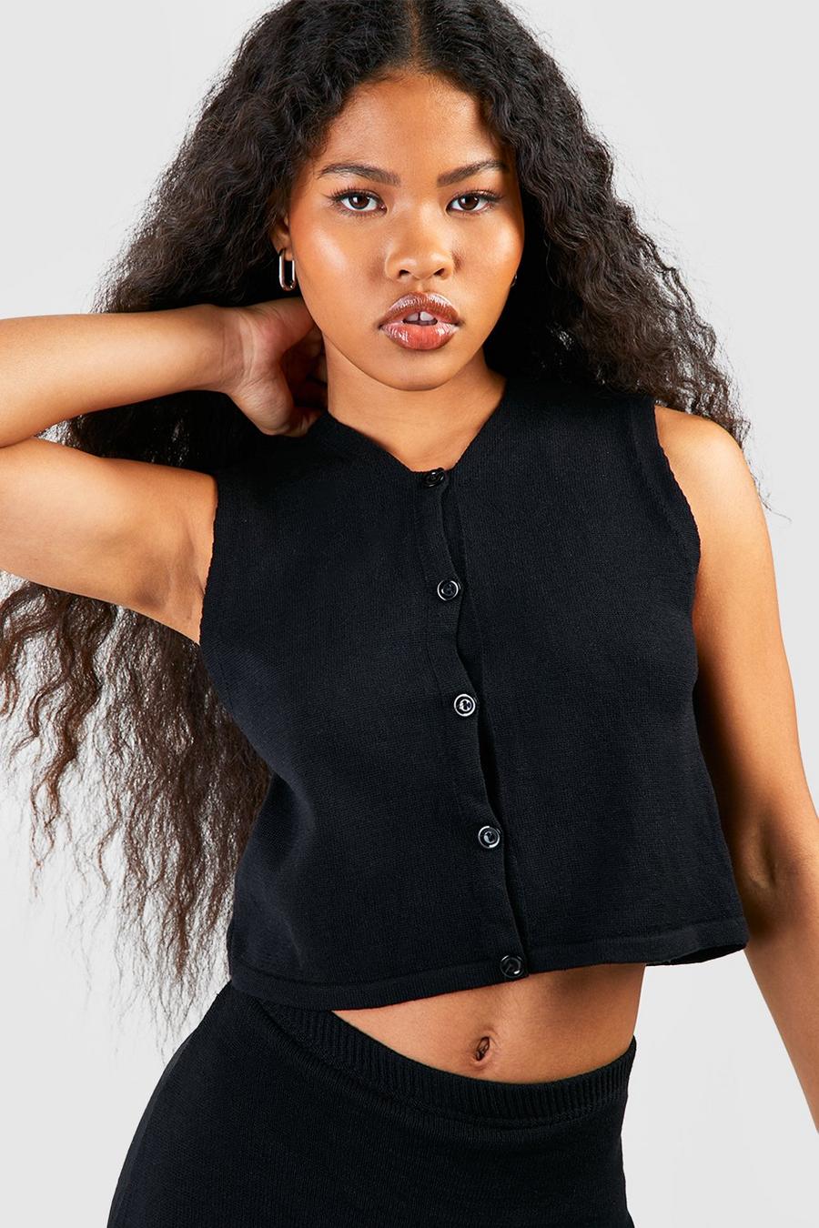 Black Petite Knit Button Up Tank Top image number 1