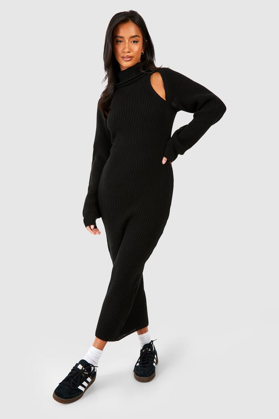 Black Petite Cut Out Knit Midi Dress image number 1