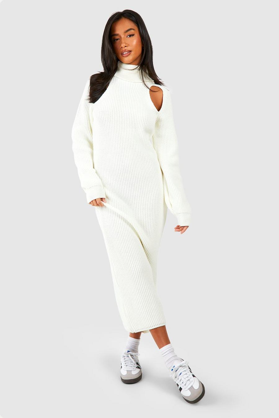 Cream white Petite Cut Out Knit Midaxi Dress