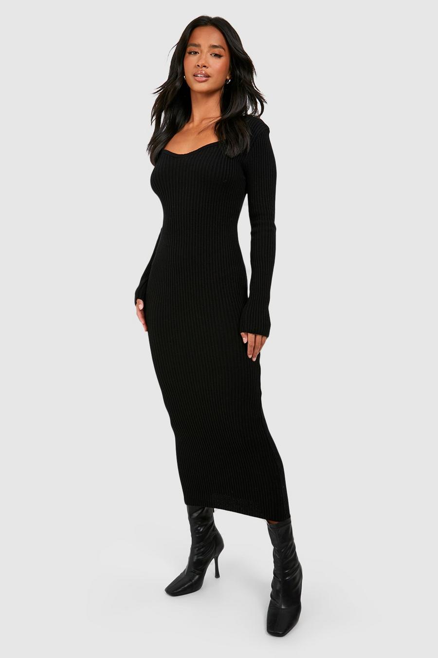 Black Petite Knit Long Sleeve Midi Dress