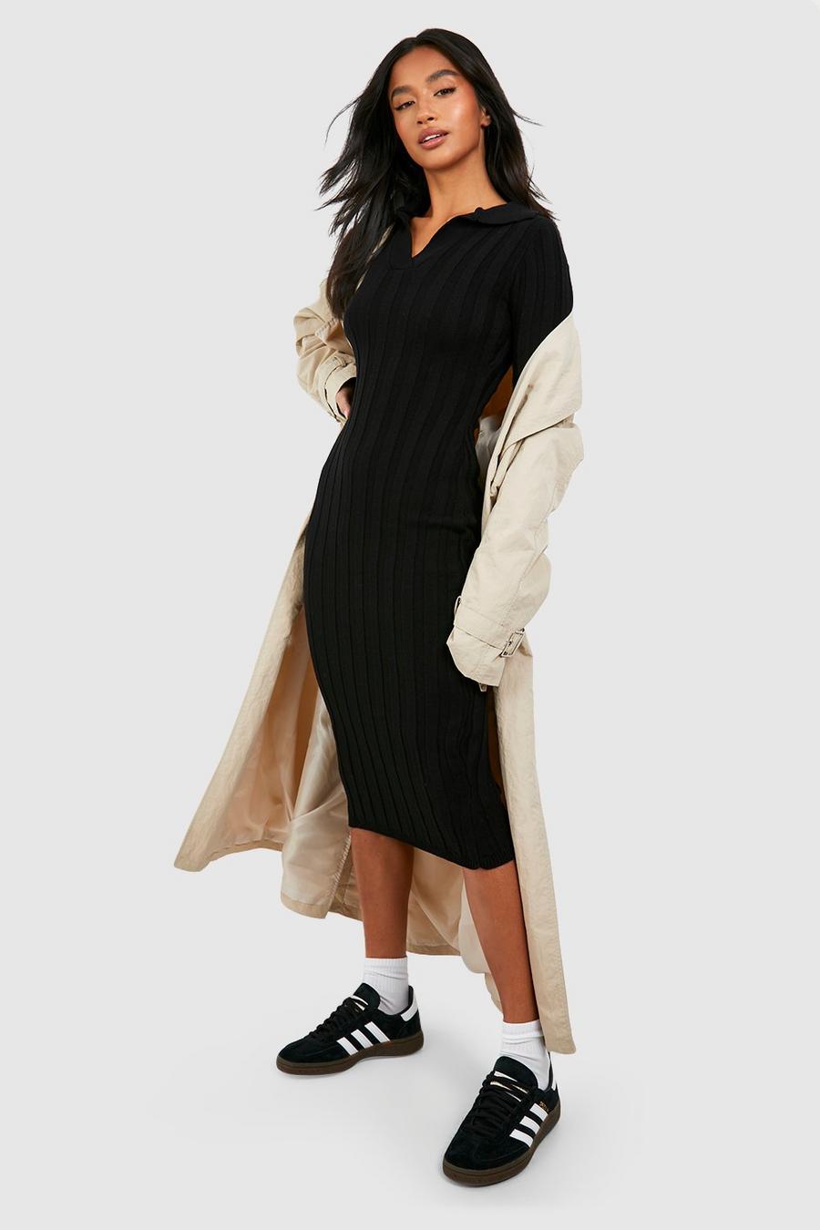 Black Petite Jumbo Rib Collared Midi Dress 