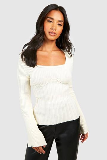 Petite Rib Knit Underbust Seam Detail Top cream