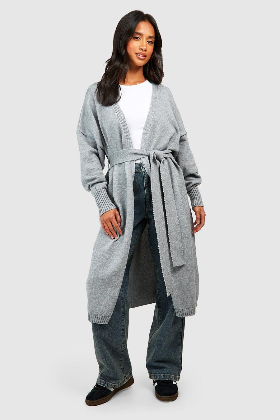 Grey Petite Longline Belted Knit Cardigan 