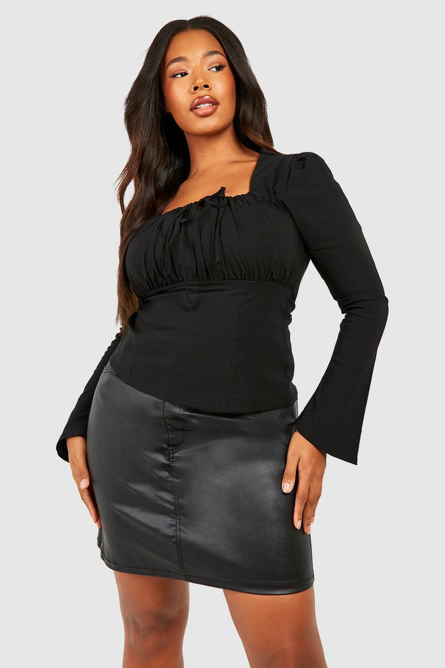 Black Plus Ruched Front Long Sleeve Bengaline Corset Top