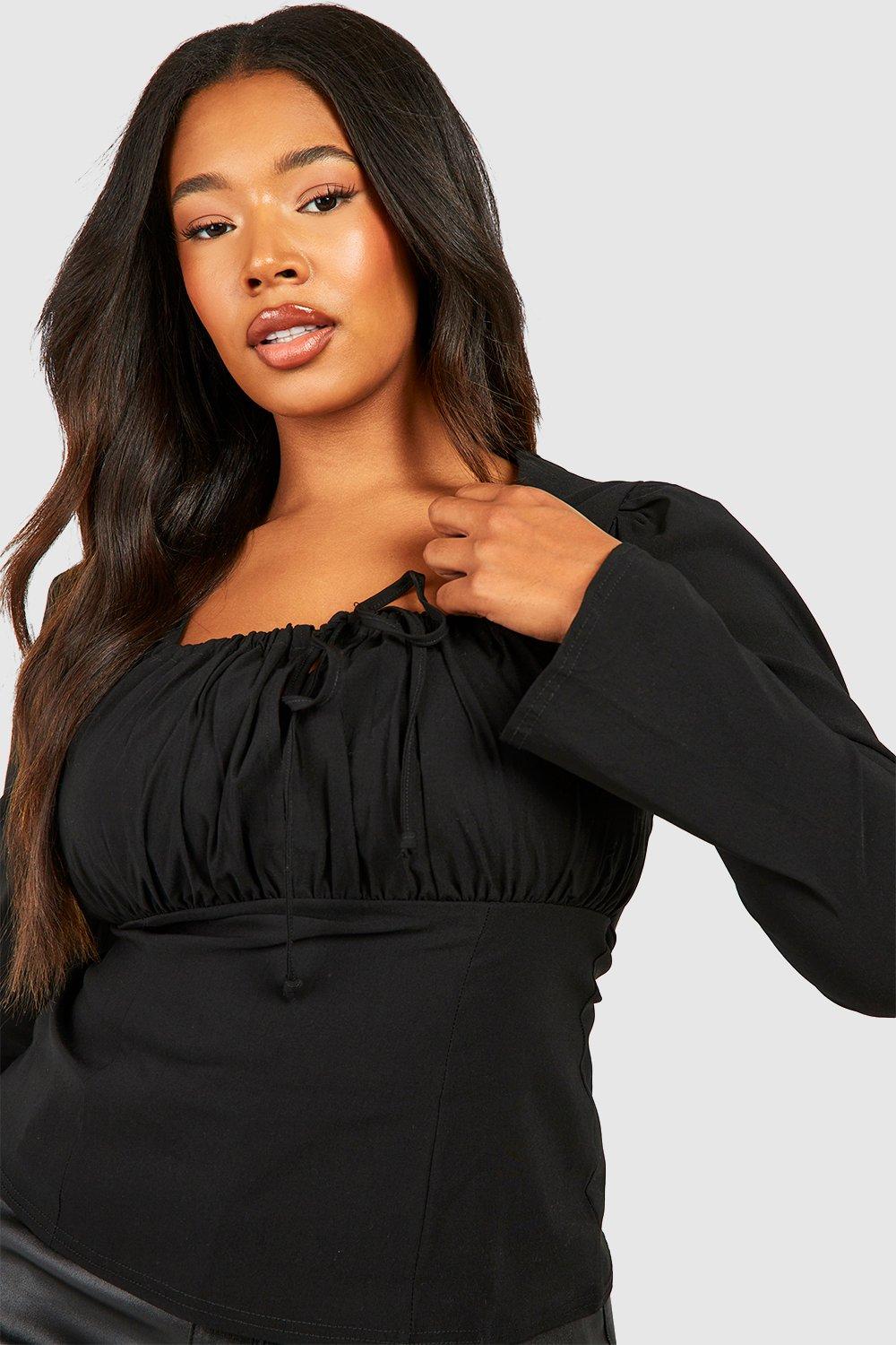 Plus Ruched Front Long Sleeve Bengaline Corset Top