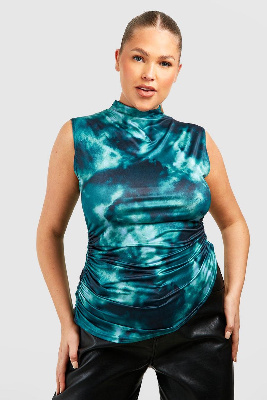 Blue Plus Absract Funnel Neck Asymmetric Top image number 1