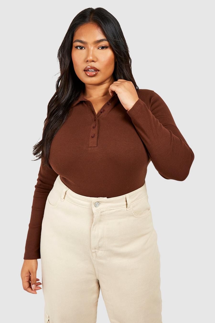 Chocolate Plus Button Down Collar Long Sleeve Bodysuit  image number 1