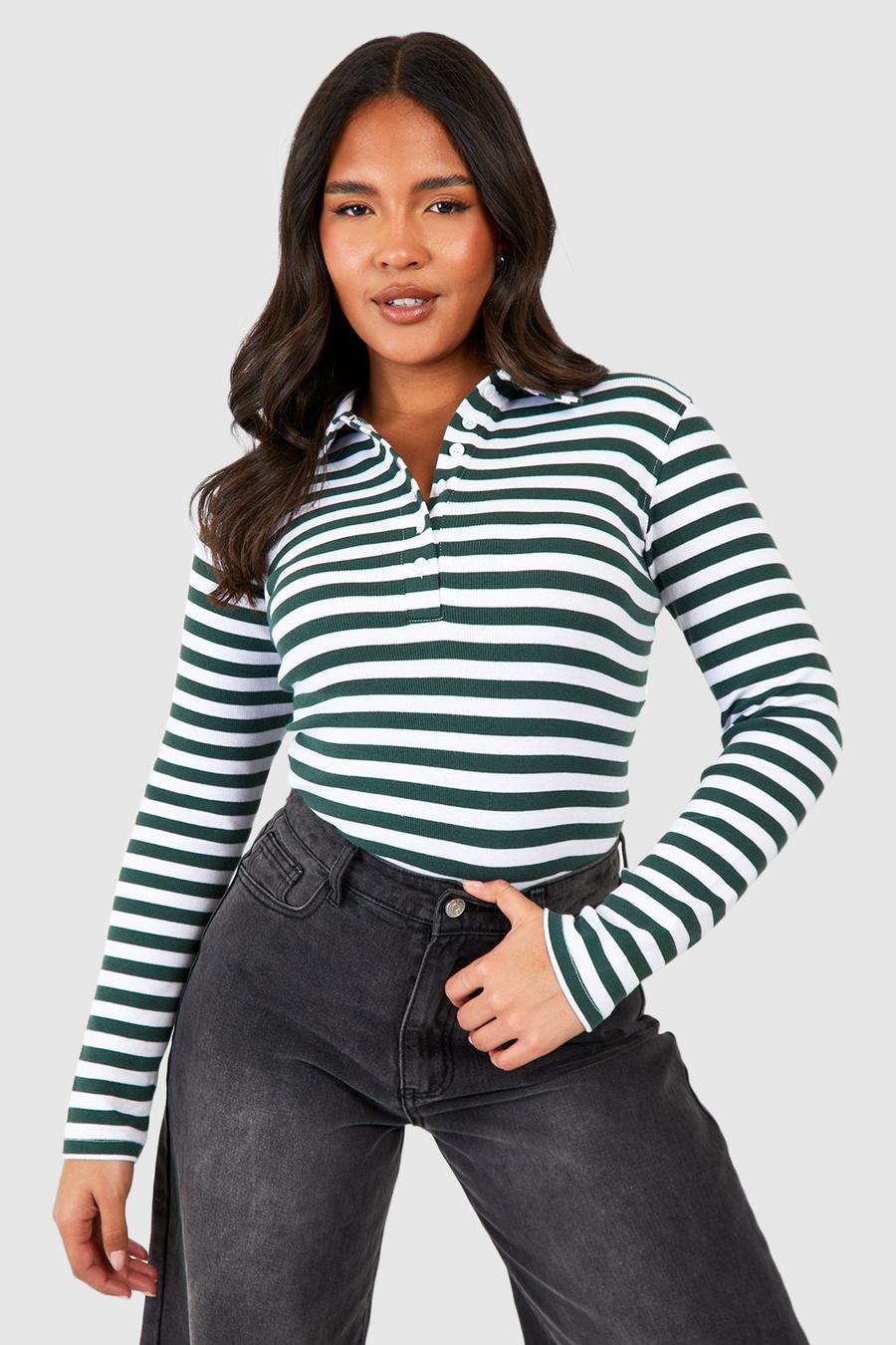 Green Plus Long Sleeve Stripped Collared Bodysuit  image number 1
