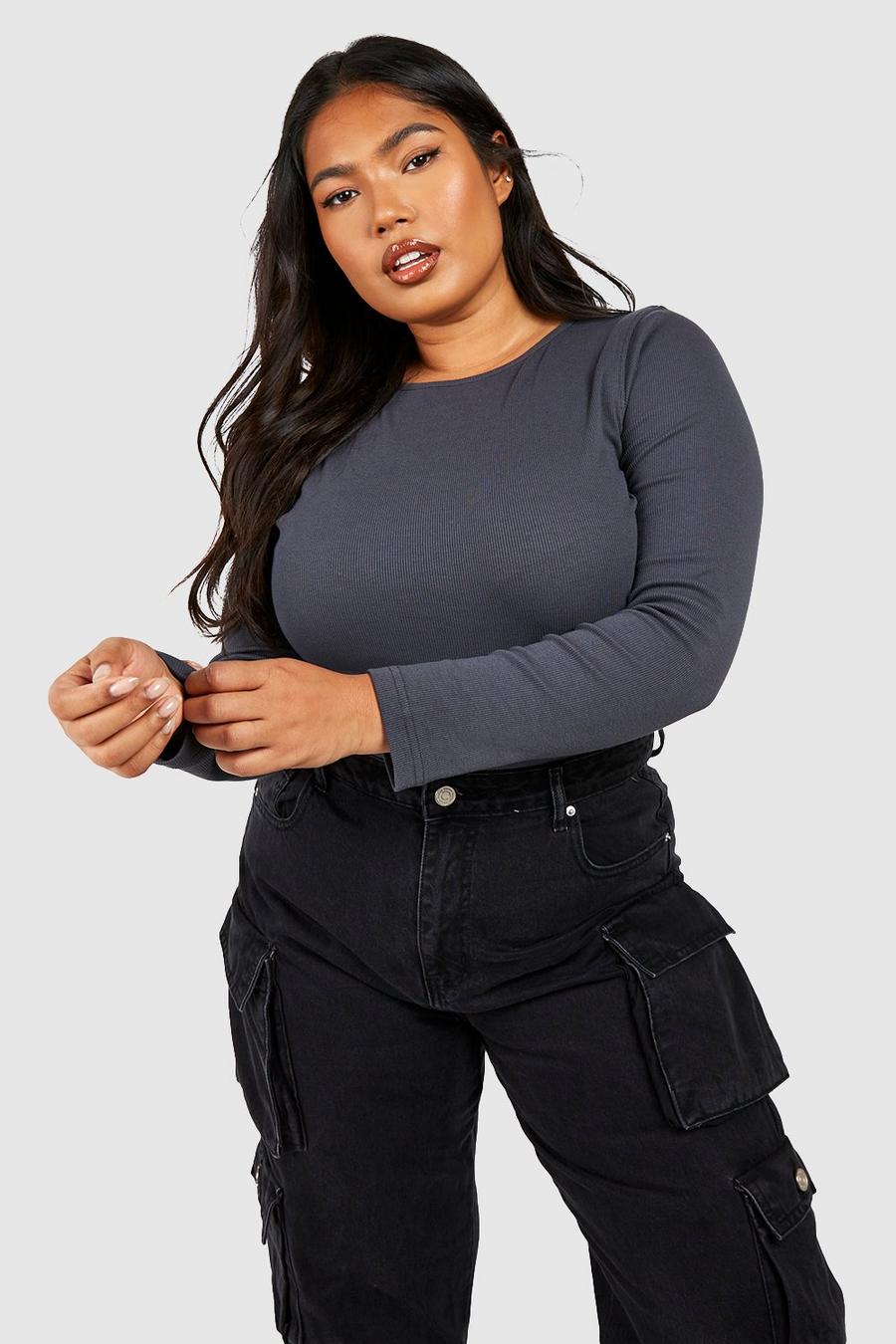 Charcoal Plus Straight Neck Long Sleeve Bodysuit  image number 1