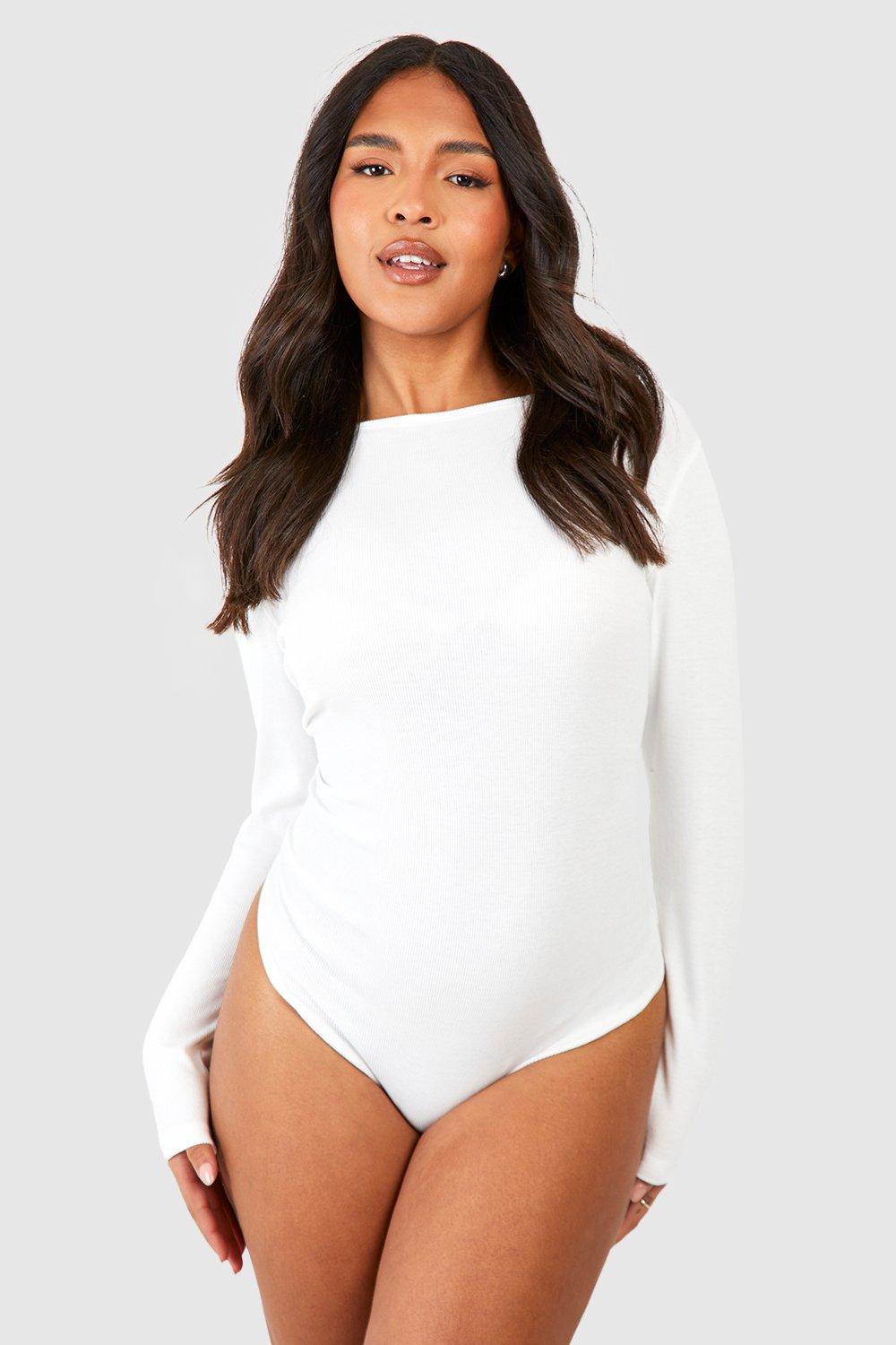 Women's Ecru Plus Straight Neck Long Sleeve Bodysuit