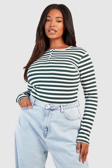 Plus Long Sleeve Button Down Stripped Bodysuit green