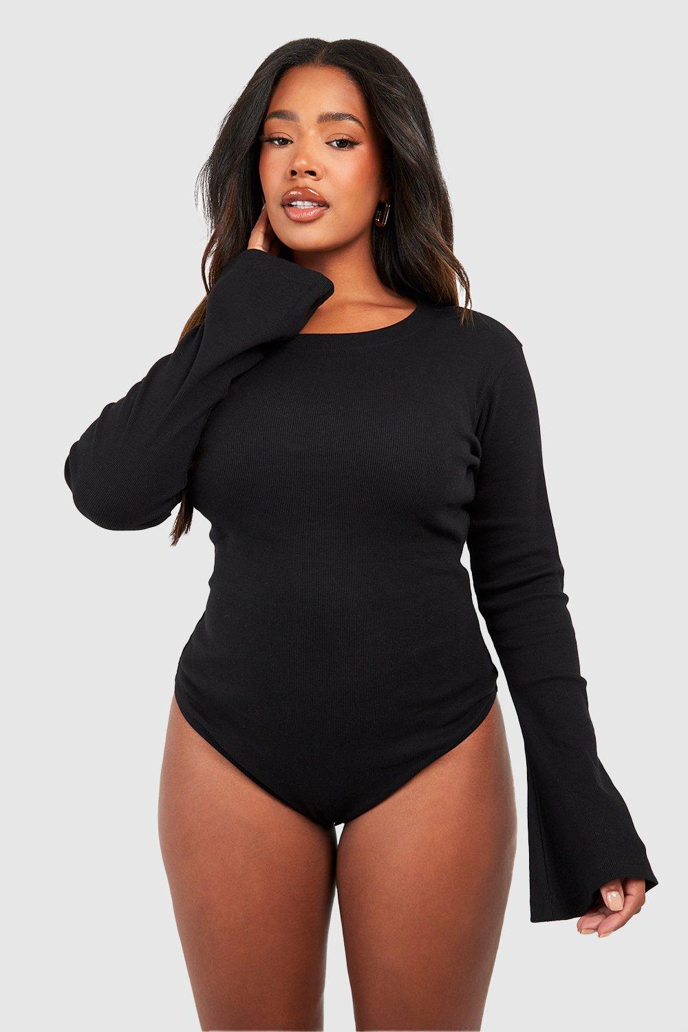 Women's Black Plus Flared Long Sleeve Bodysuit