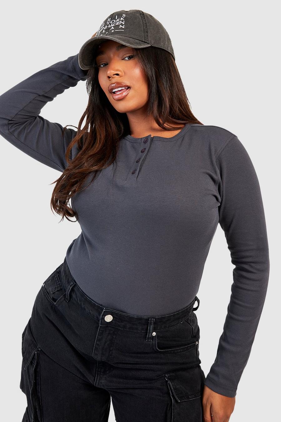 Charcoal Plus Long Sleeve Button Down Bodysuit  image number 1