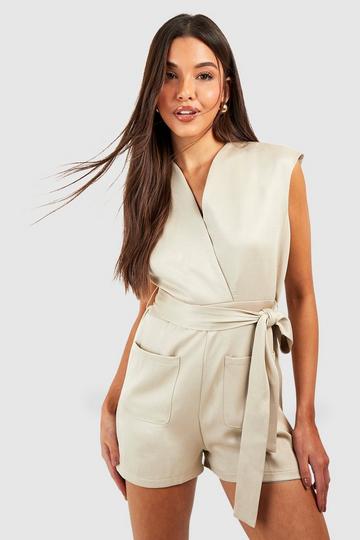 Stone Beige Tailored Wrap Playsuit