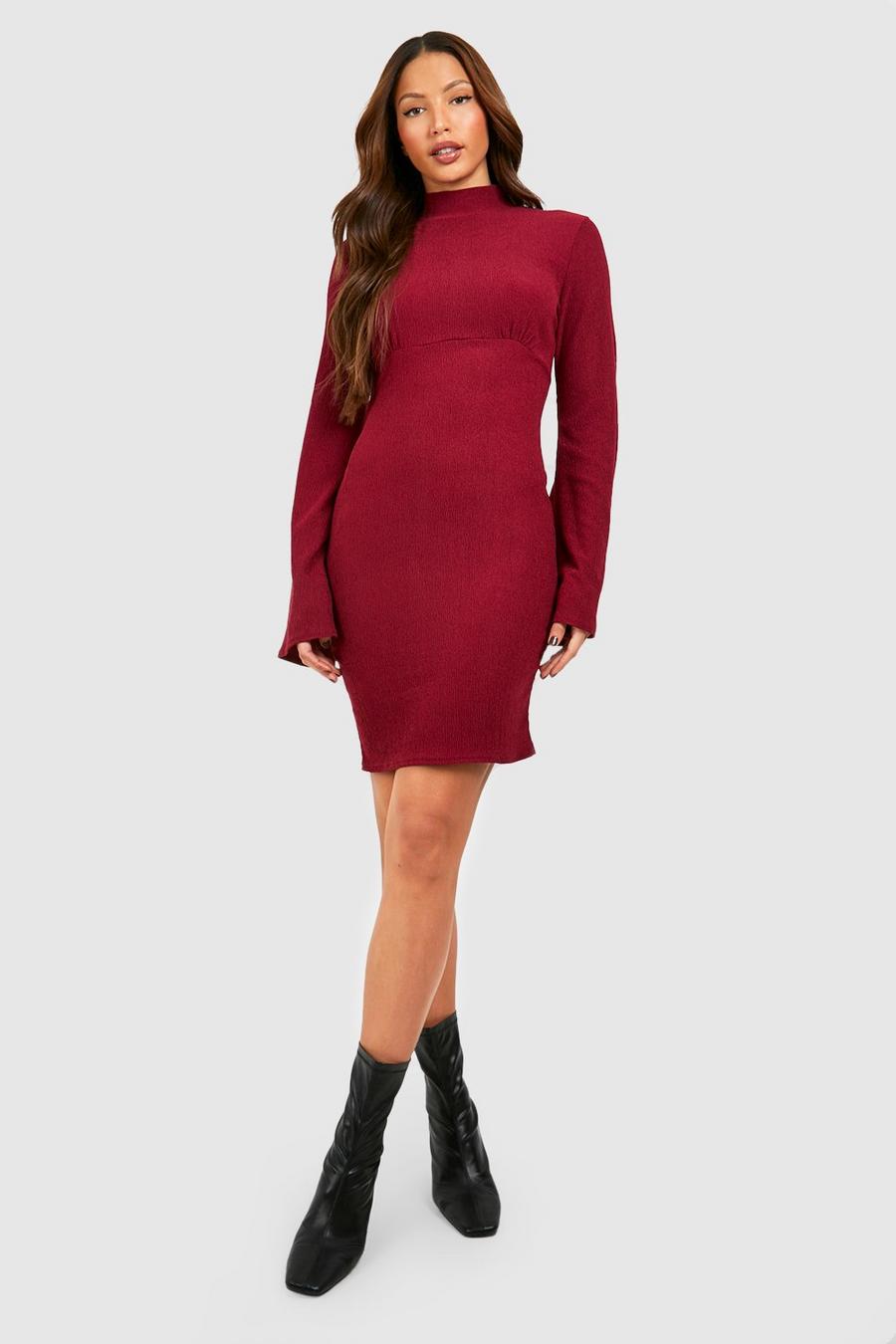 Berry red Tall High Neck Flare Sleeve Mini Shift Dress