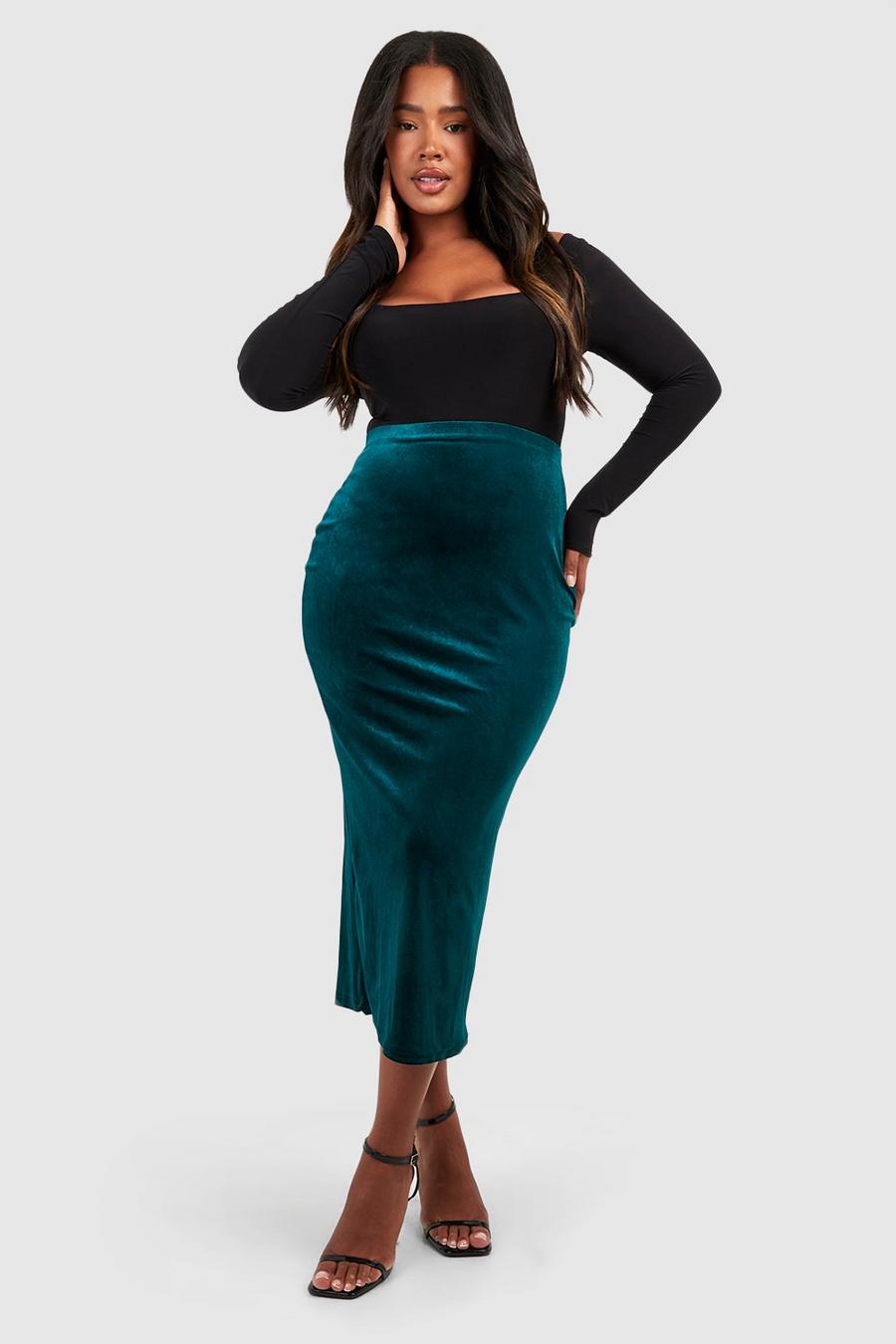 Gonna longuette Plus Size a tubo in velluto, Green image number 1