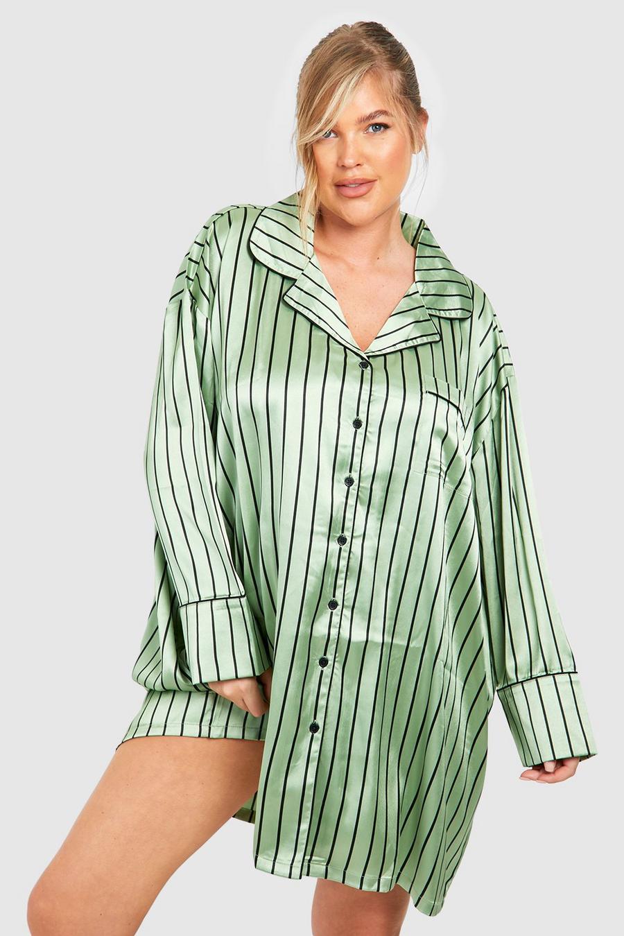 Camicia da notte del pigiama Plus Size a righe verdi con bottoni, Green image number 1