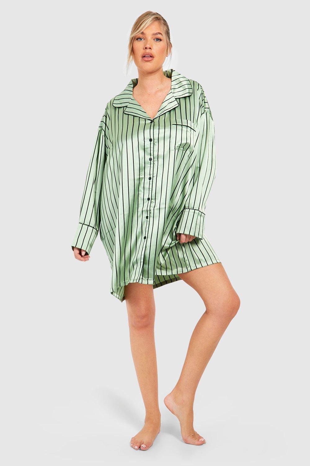 Plus Green Stripe Button Pj Shirt Nightgown