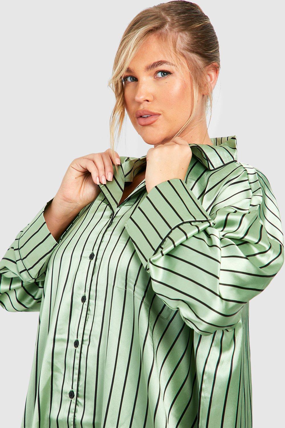 Plus Green Stripe Button Pj Shirt Nightgown