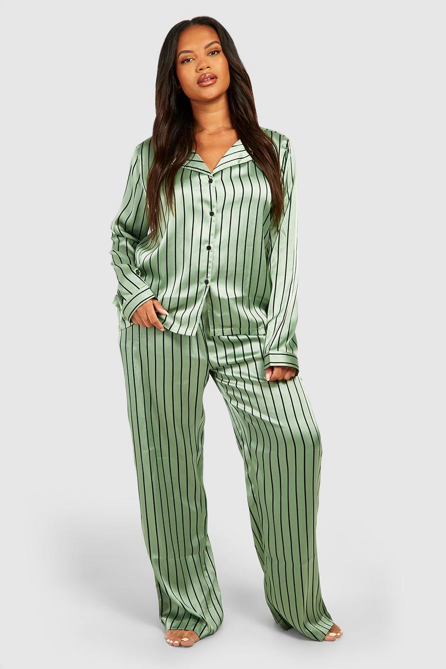 Pijama Plus de pantalón largo con camisa de rayas verdes y botones, Green gerde