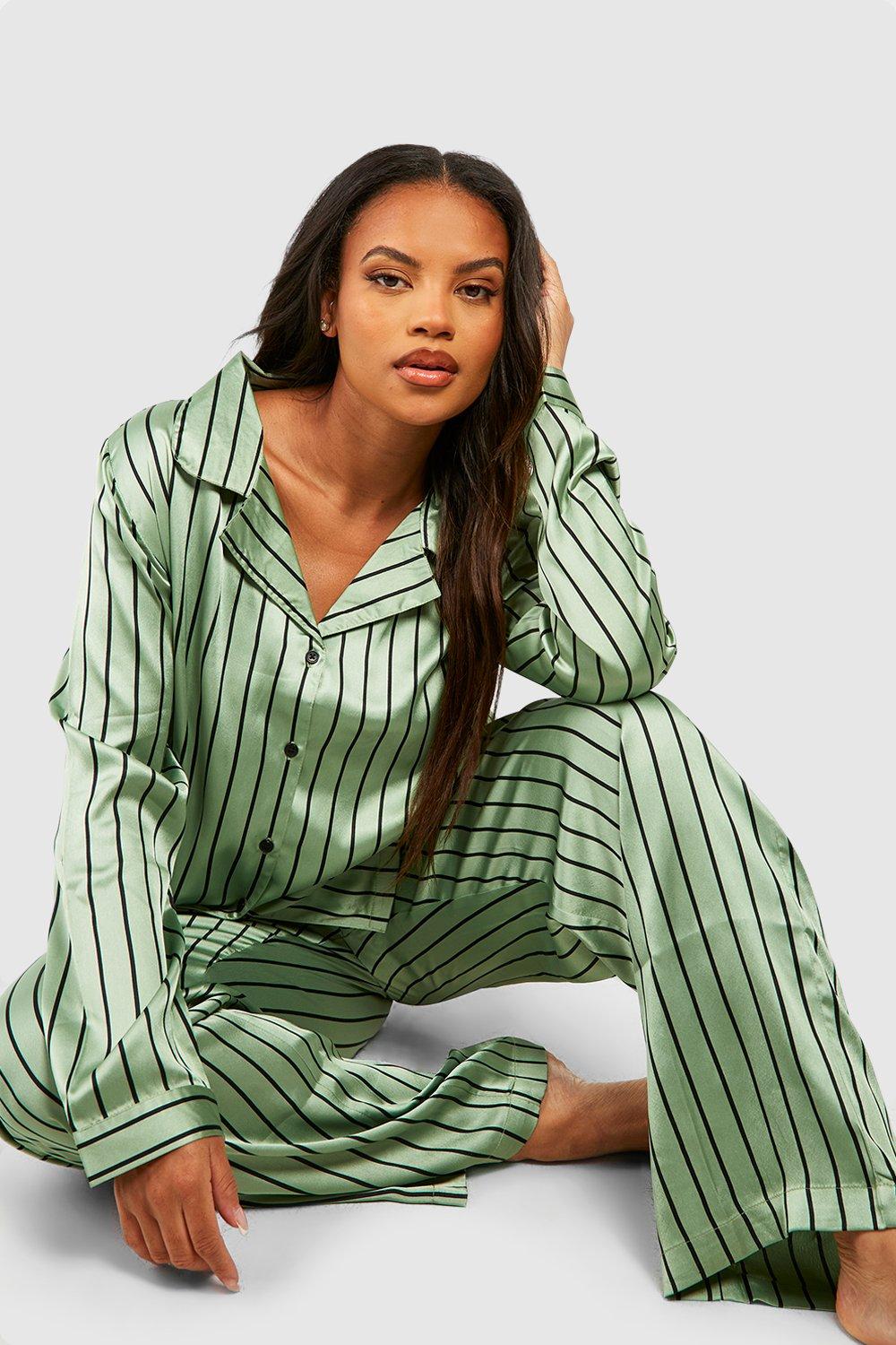 Satin Pajama Shirt and Pants - Green/striped - Ladies