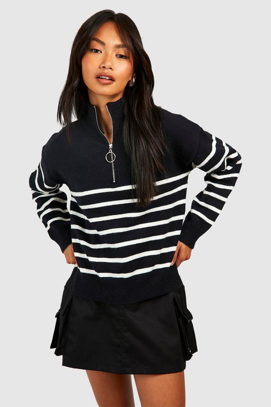 Black Half Zip Stripe Knit Sweater image number 1
