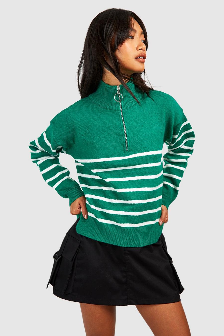 Maglione in maglia a righe con zip corta, Green verde