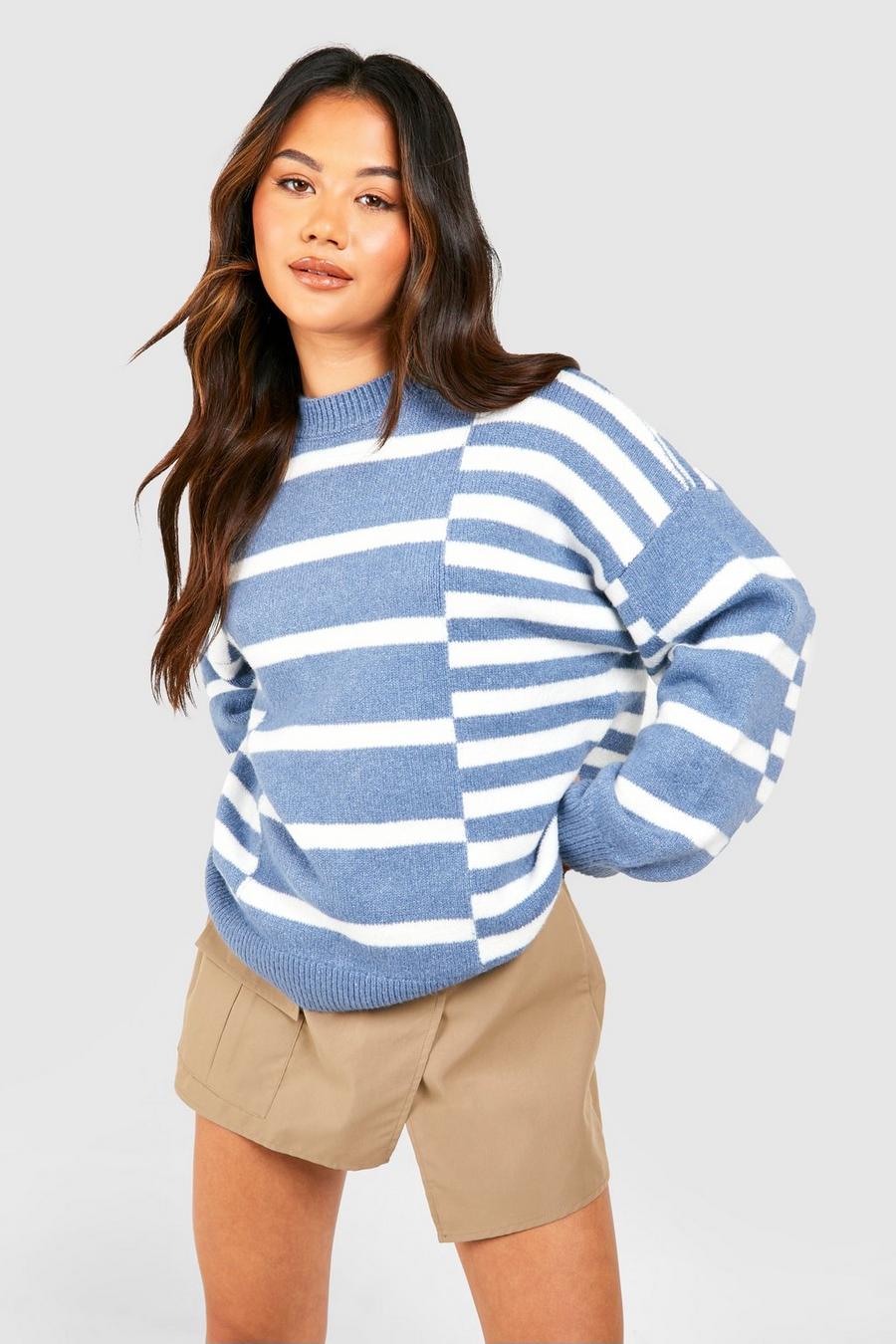 Denim Mixed Stripe Oversized Sweater image number 1