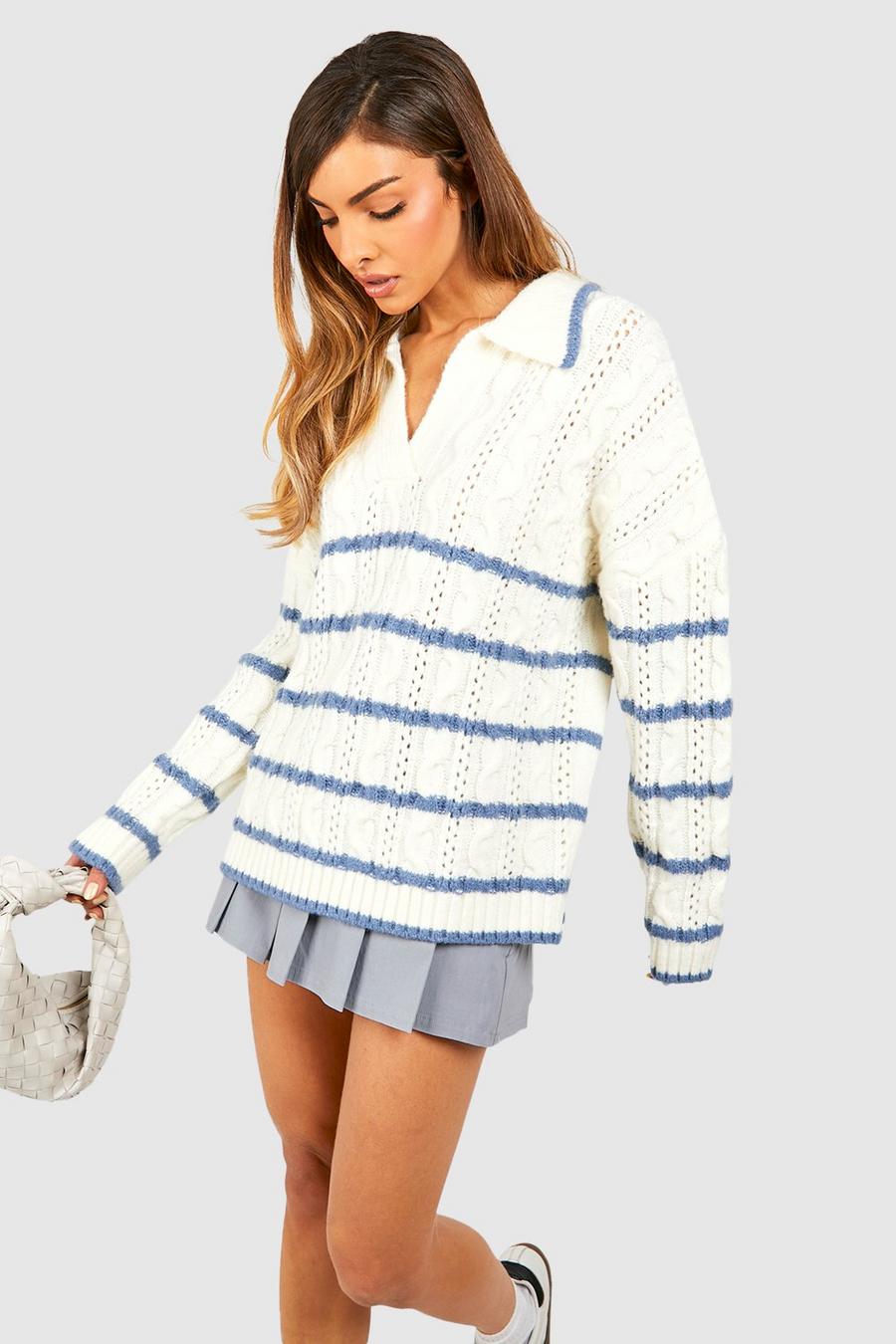 Ecru Soft Knit Cable Stripe Polo Collar Sweater