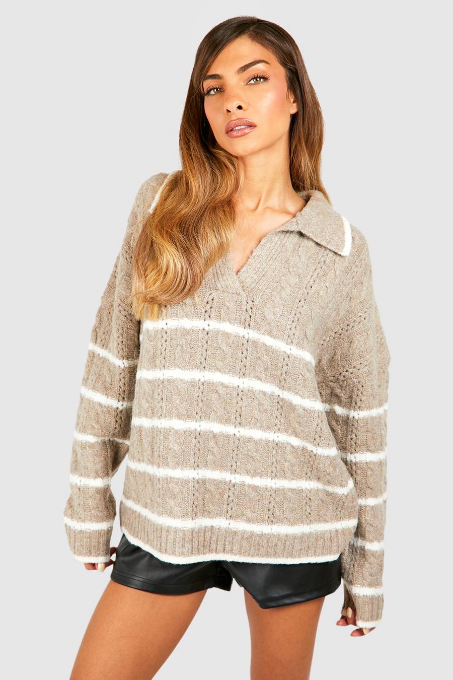 Mocha Soft Knit Cable Stripe Polo Collar Jumper image number 1