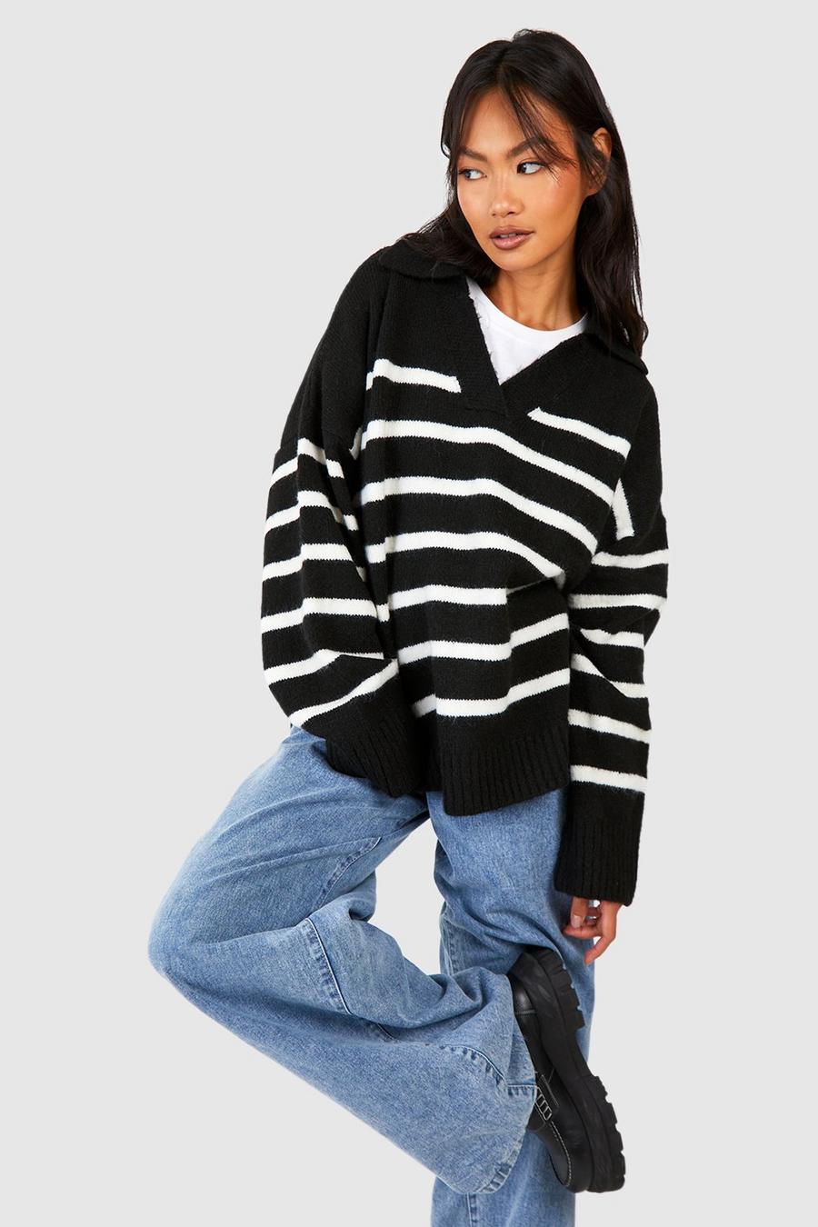 Black Soft Knit Stripe Polo Collar Sweater